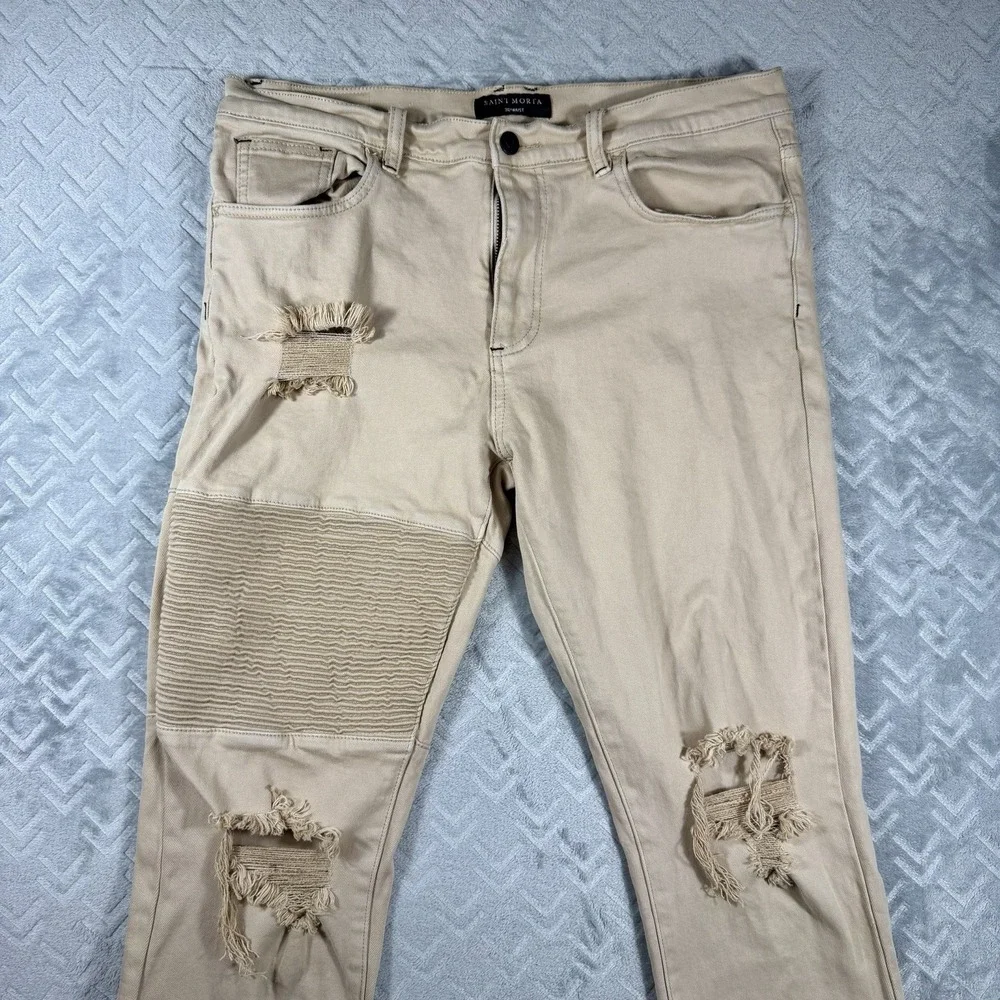 Saint Morta Men's Index Distressed Biker Jeans Sz 36x31 Moto Ripped Beige Khaki